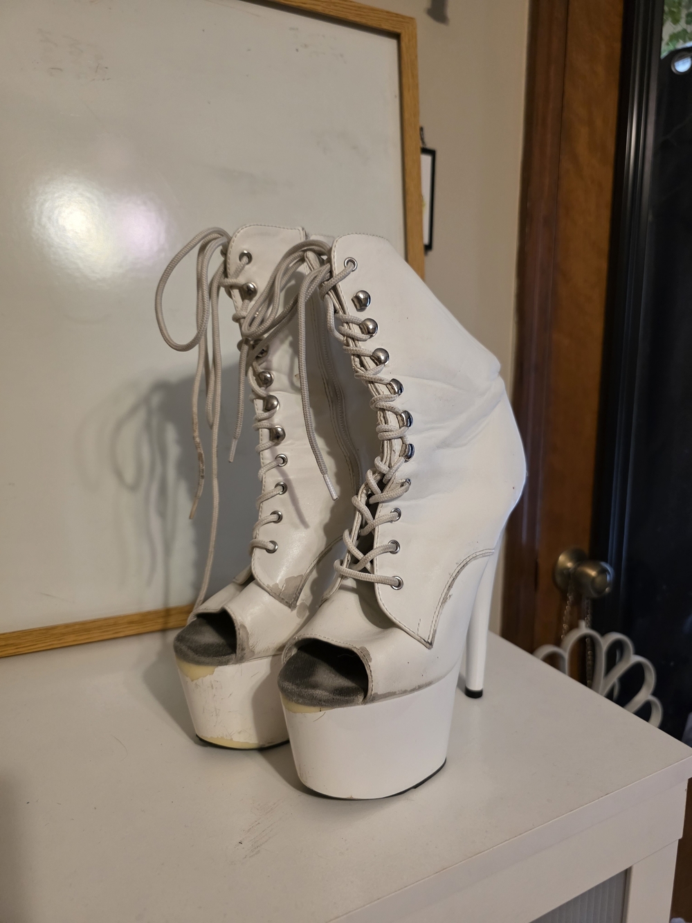 Heavily Worn White Peep-Toe Platform Pleaser Boots
